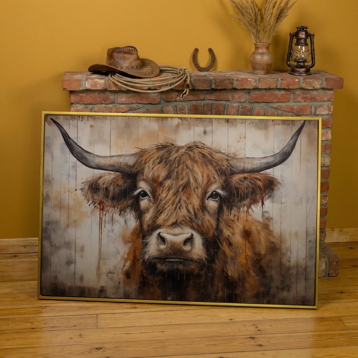 Highland Cow Canvas. Rustic Farmhouse Art in yellow gold floating frame