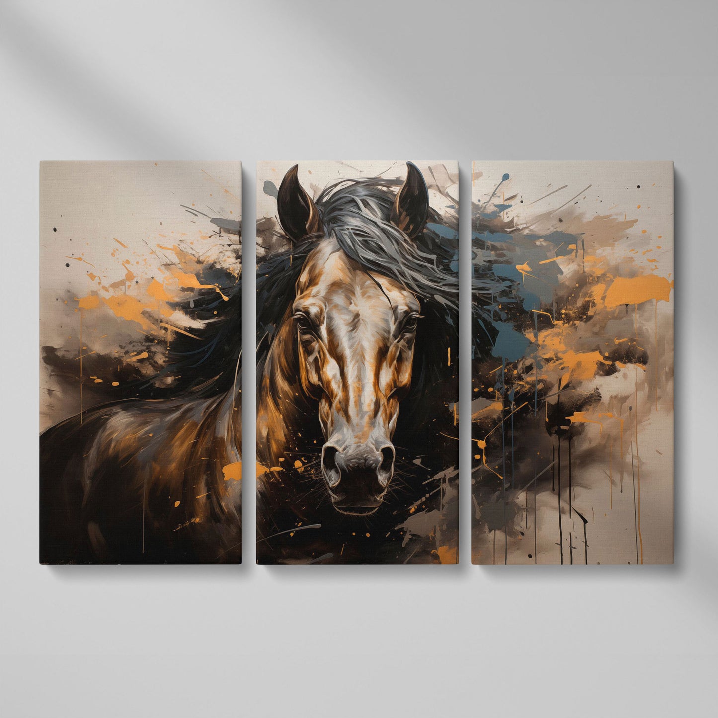 Brown Horse with Burnt Sienna Splatter Canvas Print as 3-panel split version