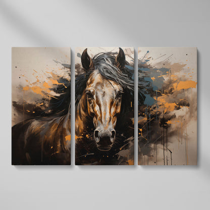 Brown Horse with Burnt Sienna Splatter Canvas Print as 3-panel split version