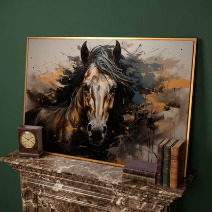 Brown Horse with Burnt Sienna Splatter Canvas Print in antique gold floating frame