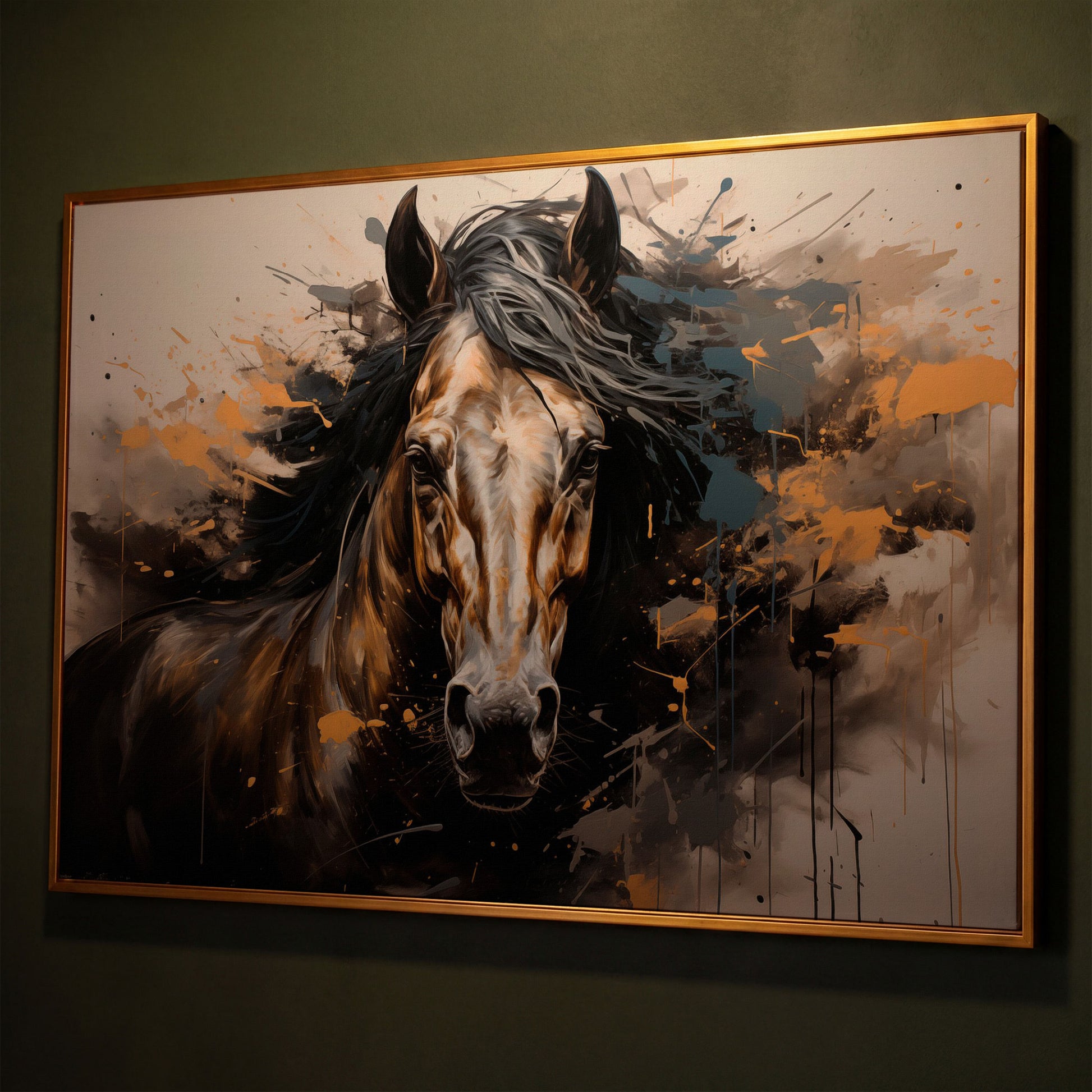 Brown Horse with Burnt Sienna Splatter Canvas Print shown in antique gold floating frame
