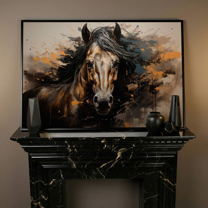 Brown Horse with Burnt Sienna Splatter Canvas Print in black floating frame