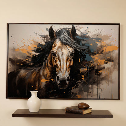 Brown Horse with Burnt Sienna Splatter Canvas Print in dark walnut floating frame