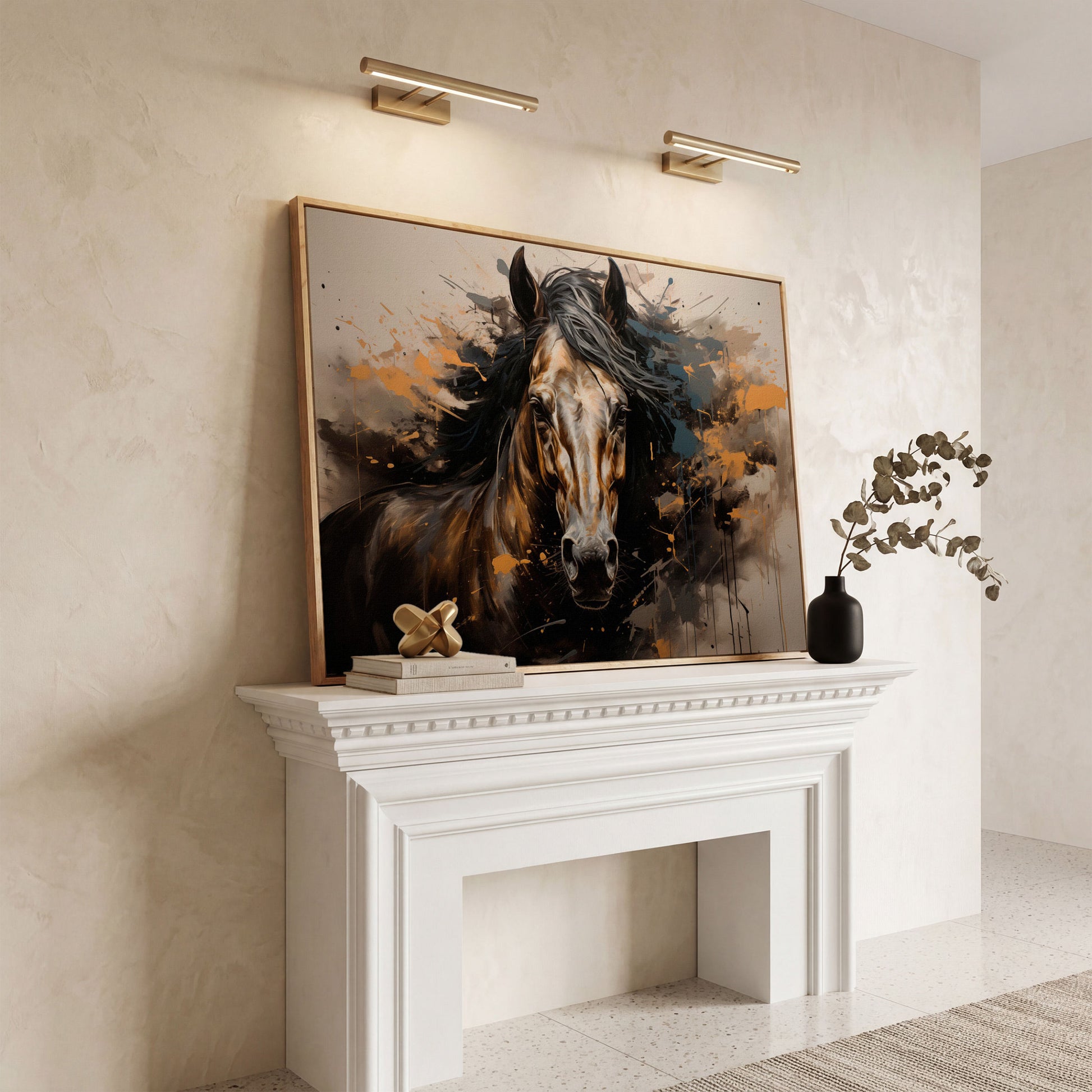 Brown Horse with Burnt Sienna Splatter Canvas Print in white oak floating frame
