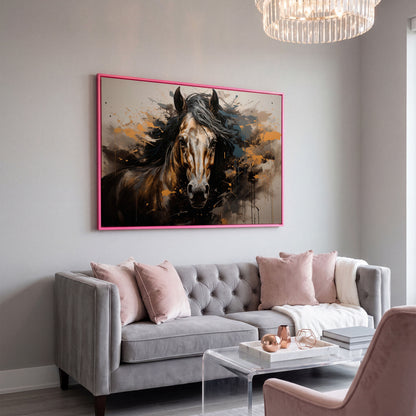 Brown Horse with Burnt Sienna Splatter Canvas Print in pink floating frame