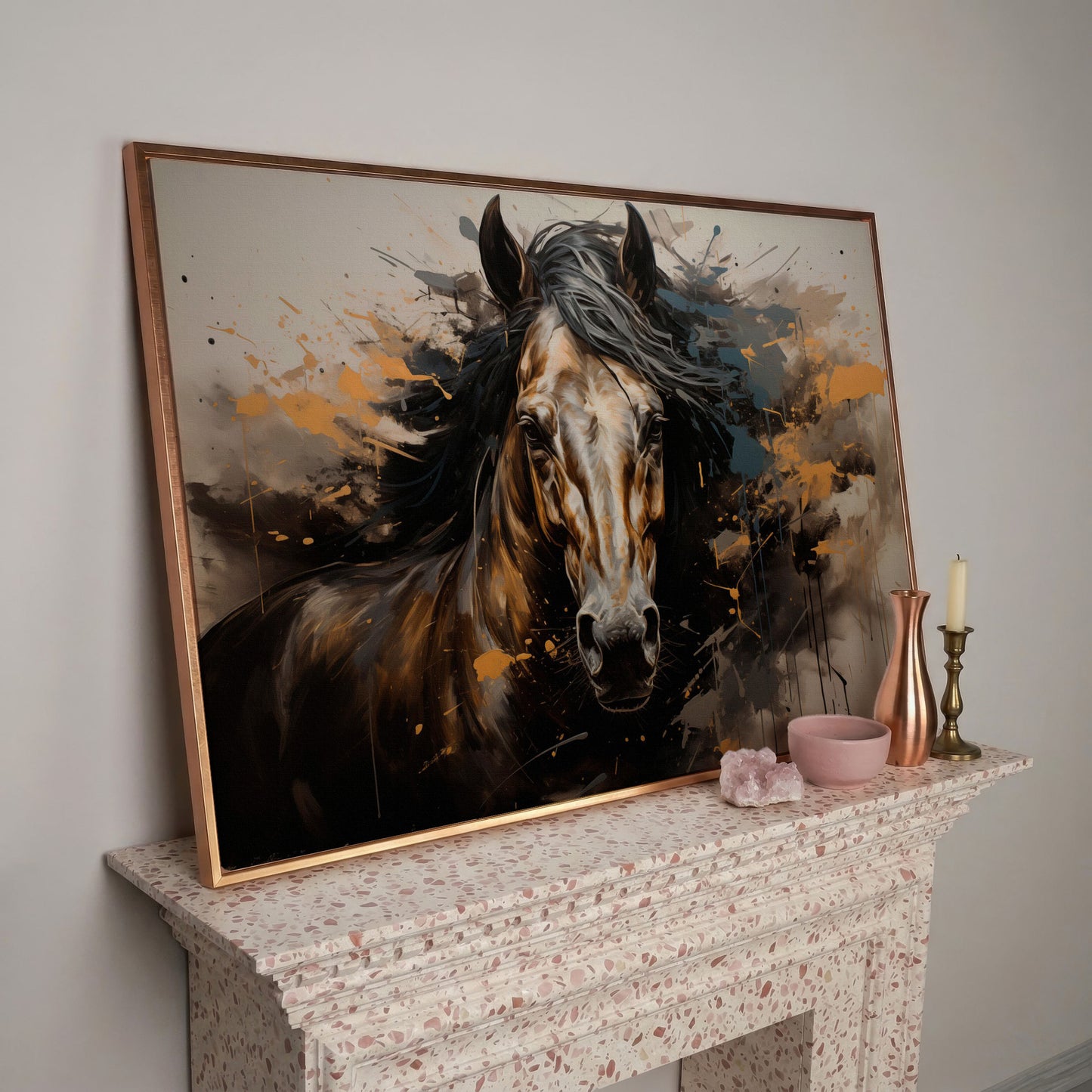 Brown Horse with Burnt Sienna Splatter Canvas Print in rose gold floating frame