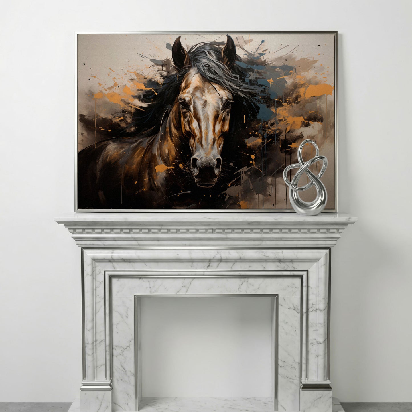 Brown Horse with Burnt Sienna Splatter Canvas Print in silver floating frame