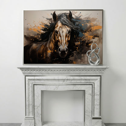 Brown Horse with Burnt Sienna Splatter Canvas Print in silver floating frame