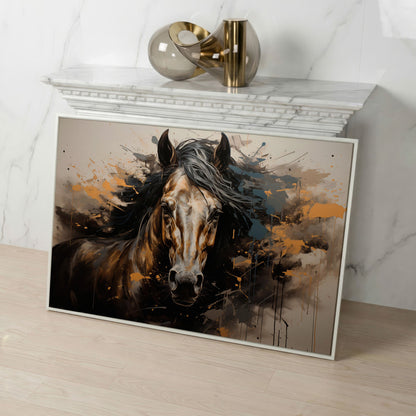 Brown Horse with Burnt Sienna Splatter Canvas Print in white floating frame