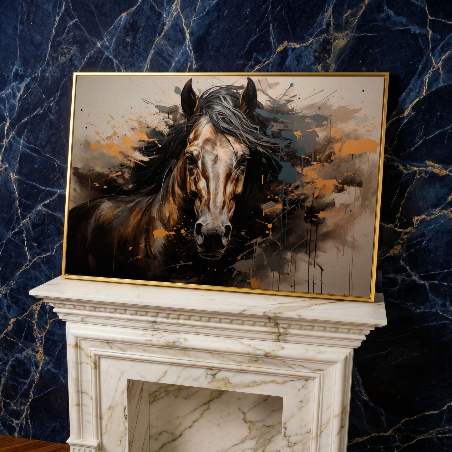 Brown Horse with Burnt Sienna Splatter Canvas Print in yellow gold floating frame