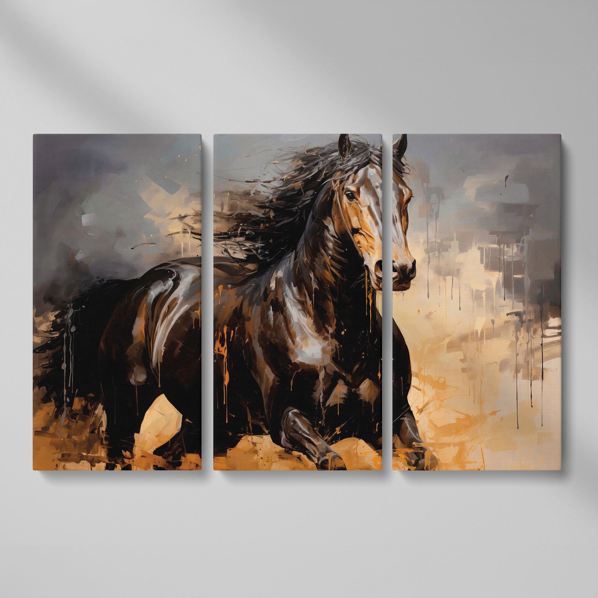 Running Horse Canvas Print in Brown and Black as 3-panel split version