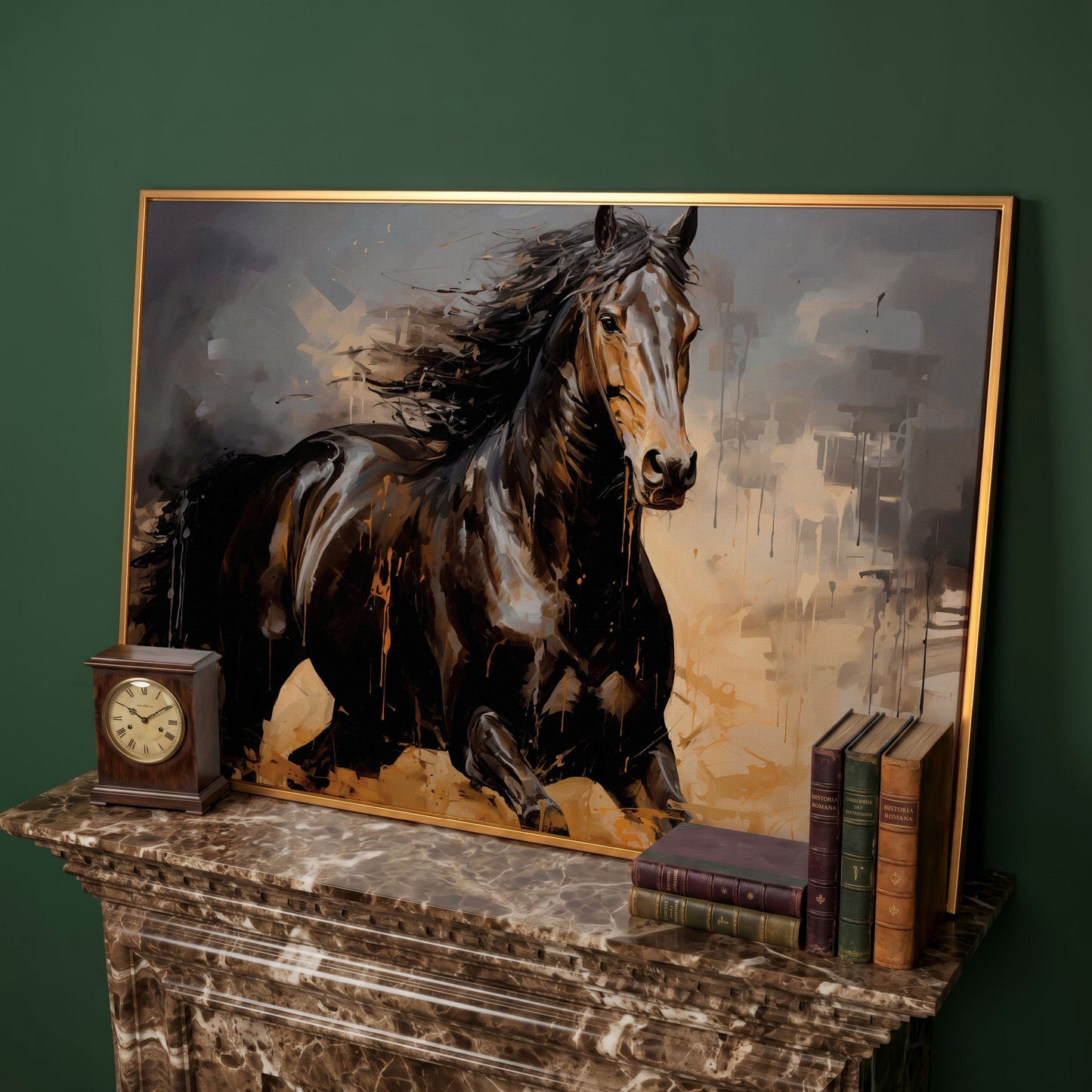 Running Horse Canvas Print in Brown and Black in antique gold floating frame