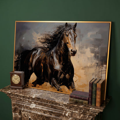 Running Horse Canvas Print in Brown and Black in antique gold floating frame