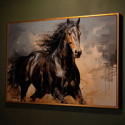 Running Horse Canvas Print in Brown and Black shown in antique gold floating frame