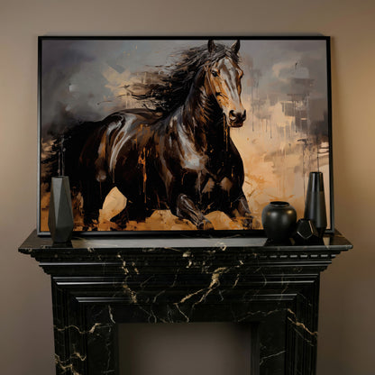 Running Horse Canvas Print in Brown and Black in black floating frame