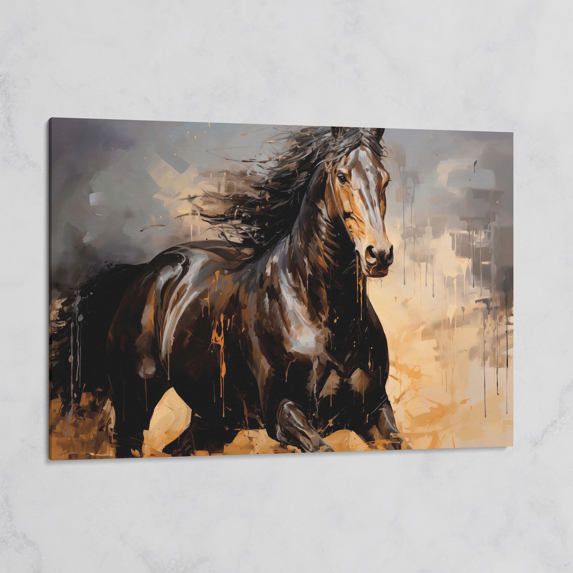 Running Horse Canvas Print in Brown and Black on gallery wrap