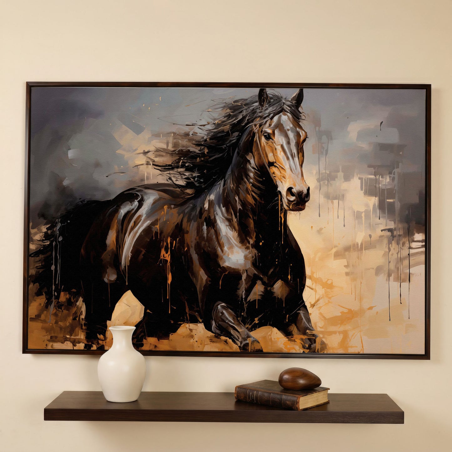 Running Horse Canvas Print in Brown and Black in dark walnut floating frame