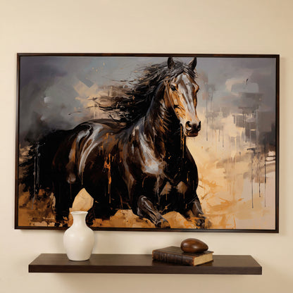 Running Horse Canvas Print in Brown and Black in dark walnut floating frame