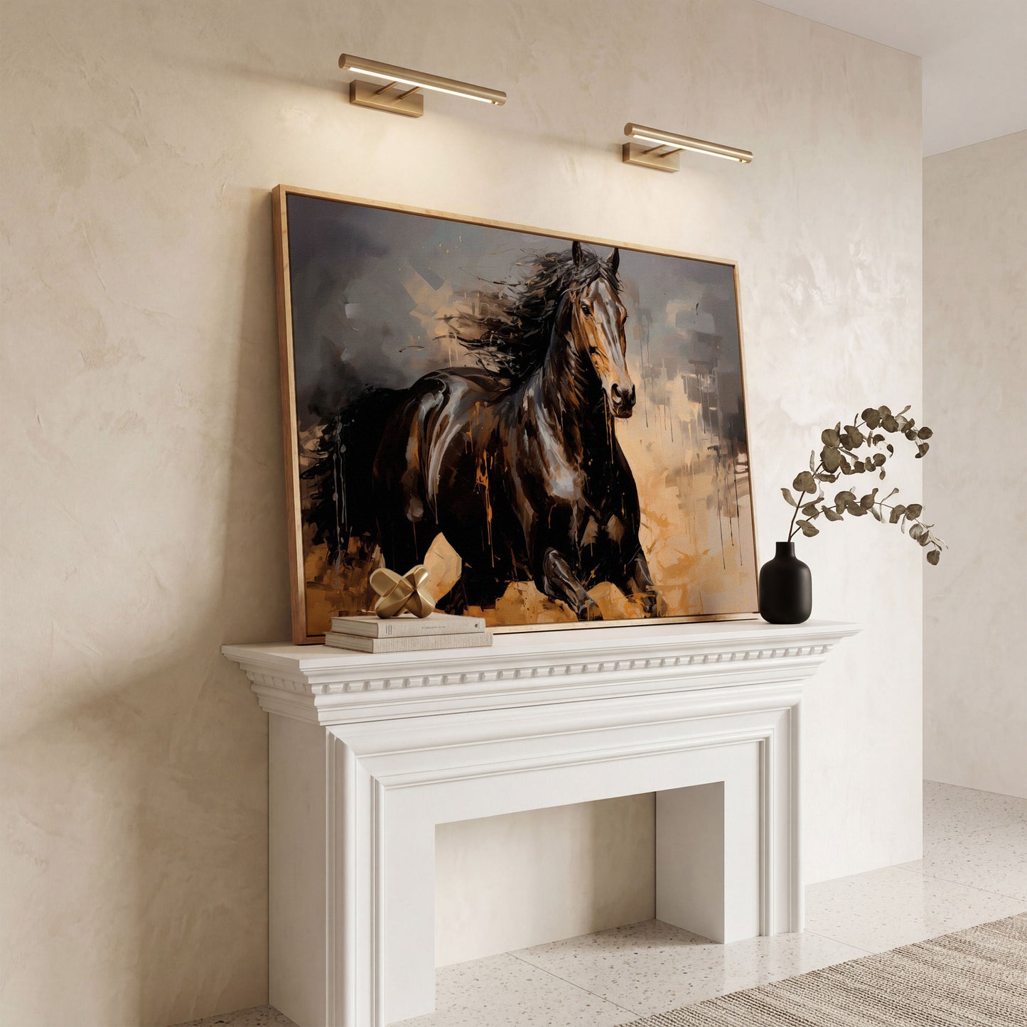 Running Horse Canvas Print in Brown and Black in white oak floating frame