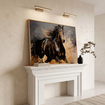 Running Horse Canvas Print in Brown and Black in white oak floating frame