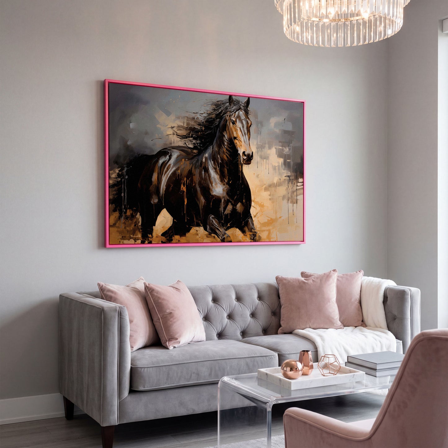 Running Horse Canvas Print in Brown and Black in pink floating frame