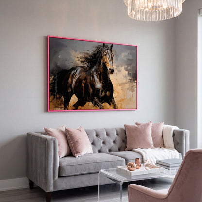 Running Horse Canvas Print in Brown and Black in pink floating frame