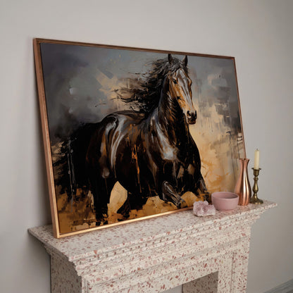 Running Horse Canvas Print in Brown and Black in rose gold floating frame
