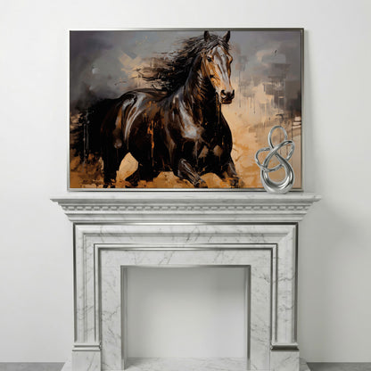Running Horse Canvas Print in Brown and Black in silver floating frame
