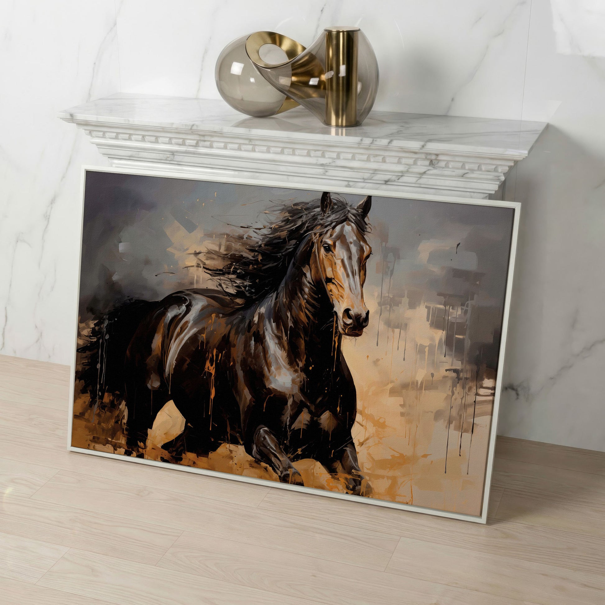 Running Horse Canvas Print in Brown and Black in white floating frame