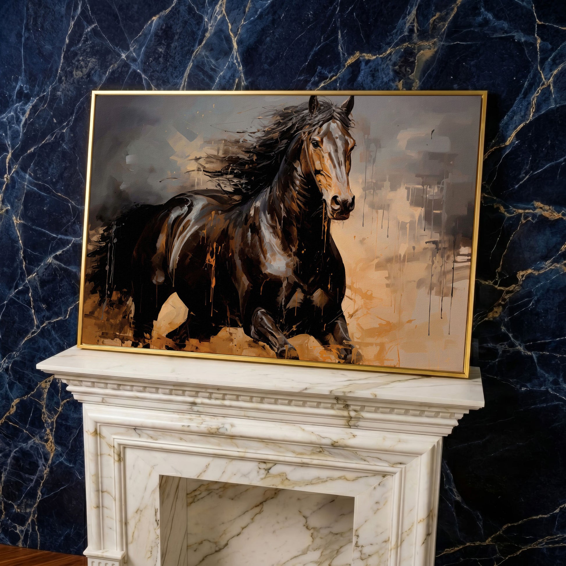 Running Horse Canvas Print in Brown and Black in yellow gold floating frame