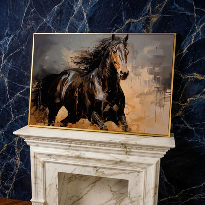 Running Horse Canvas Print in Brown and Black in yellow gold floating frame