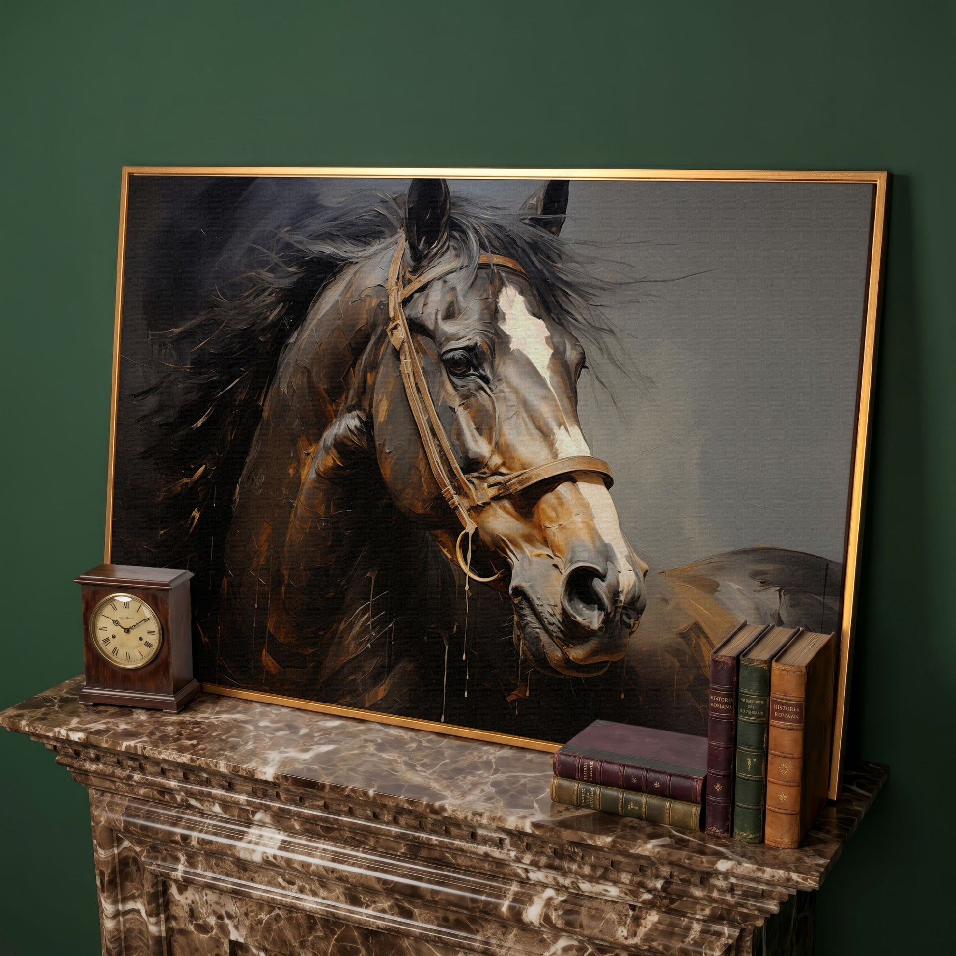 Horse Portrait in Burnt Umber and Gray Canvas Print in antique gold floating frame