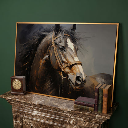 Horse Portrait in Burnt Umber and Gray Canvas Print in antique gold floating frame