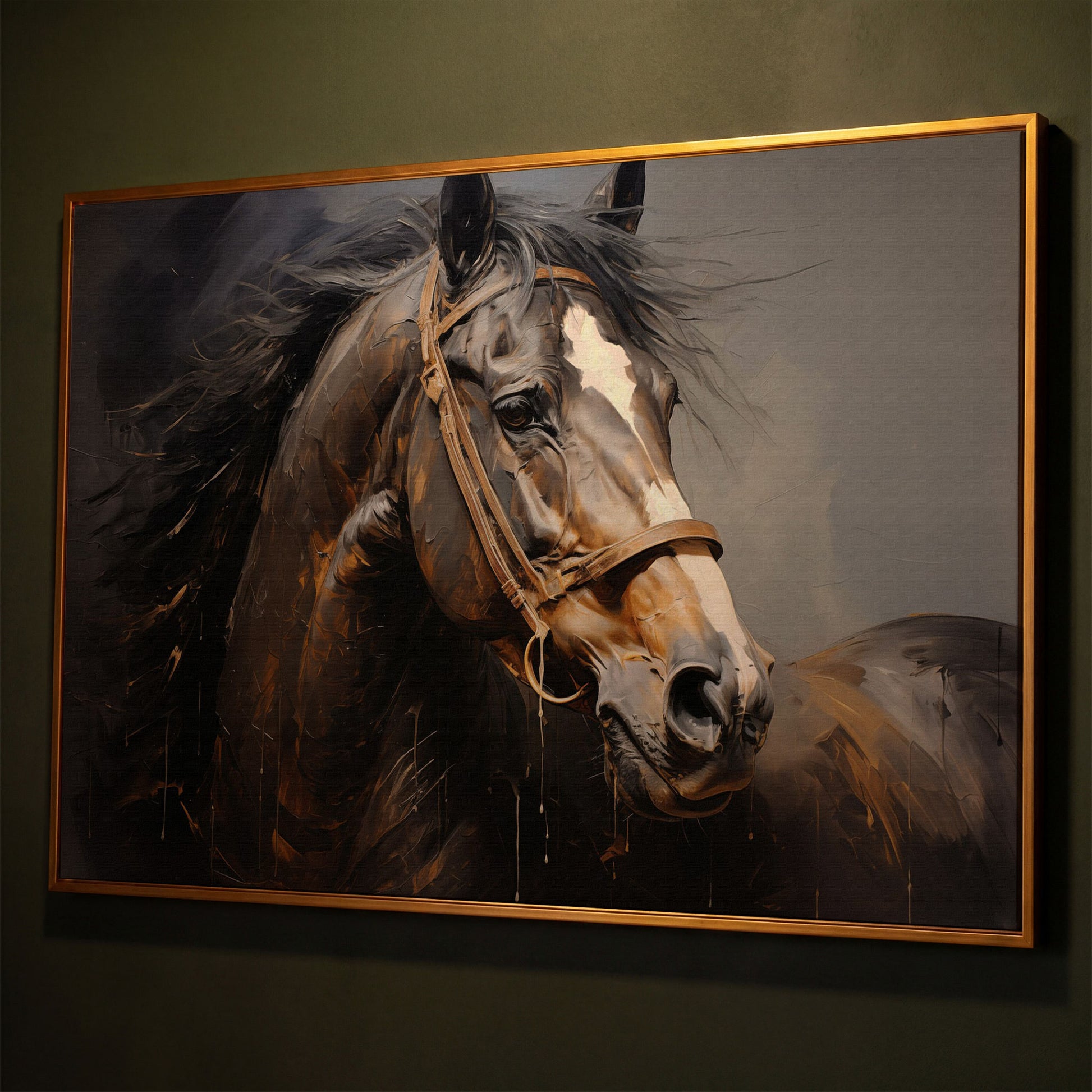 Horse Portrait in Burnt Umber and Gray Canvas Print shown in antique gold floating frame