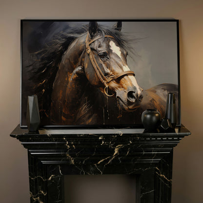 Horse Portrait in Burnt Umber and Gray Canvas Print in black floating frame