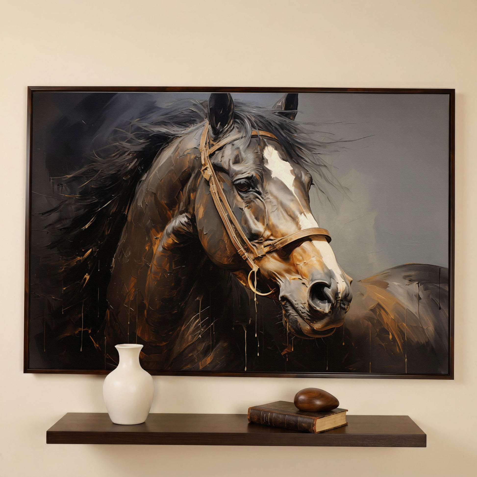 Horse Portrait in Burnt Umber and Gray Canvas Print in dark walnut floating frame
