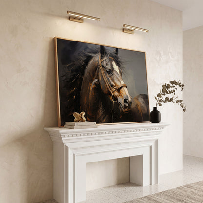 Horse Portrait in Burnt Umber and Gray Canvas Print in white oak floating frame