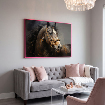 Horse Portrait in Burnt Umber and Gray Canvas Print in pink floating frame