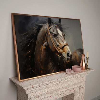 Horse Portrait in Burnt Umber and Gray Canvas Print in rose gold floating frame