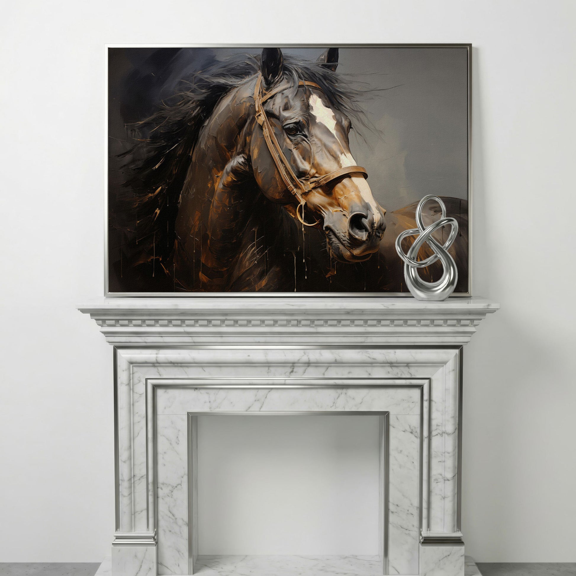 Horse Portrait in Burnt Umber and Gray Canvas Print in silver floating frame