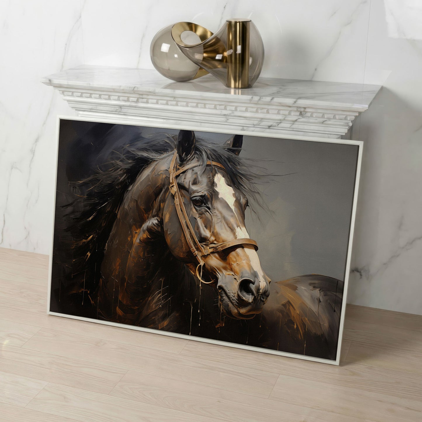 Horse Portrait in Burnt Umber and Gray Canvas Print in white floating frame