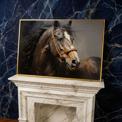 Horse Portrait in Burnt Umber and Gray Canvas Print in yellow gold floating frame