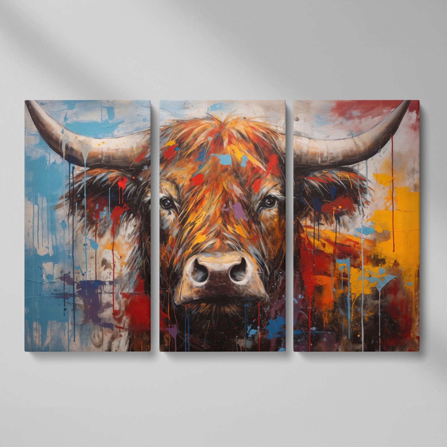 Abstract Colorful Cow Canvas Print as 3-panel split version