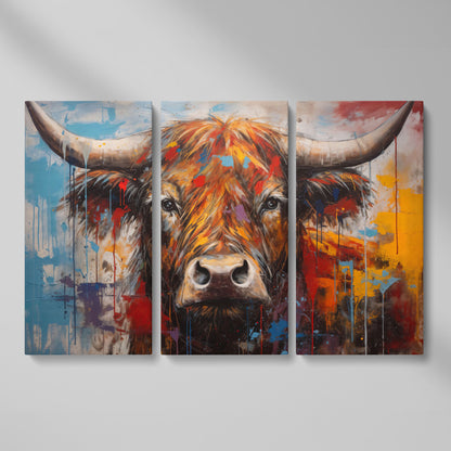 Abstract Colorful Cow Canvas Print as 3-panel split version