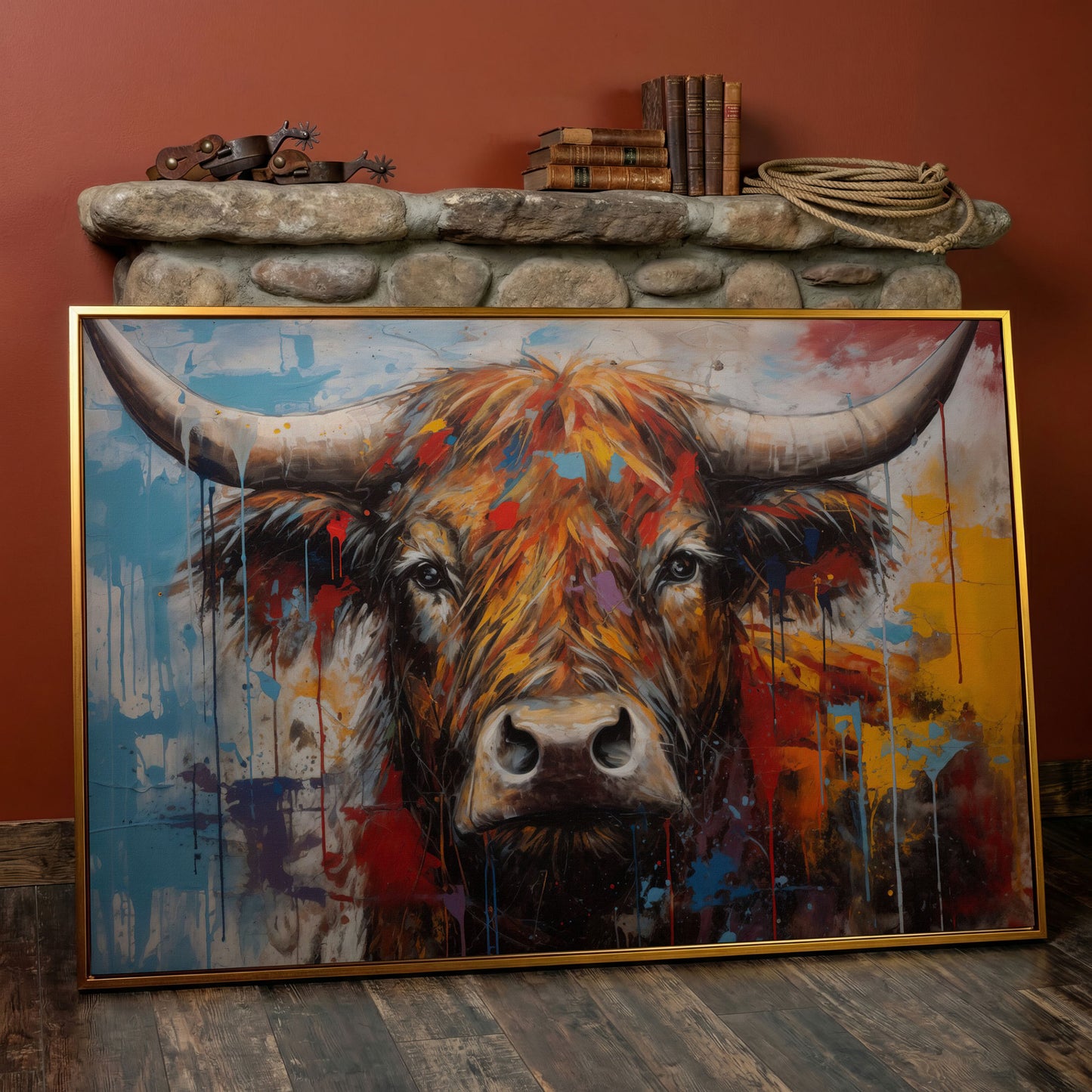 Abstract Colorful Cow Canvas Print in antique gold floating frame