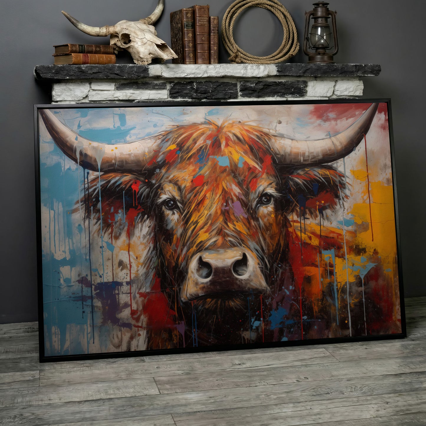 Abstract Colorful Cow Canvas Print in black floating frame
