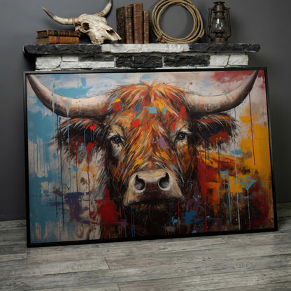 Abstract Colorful Cow Canvas Print in black floating frame