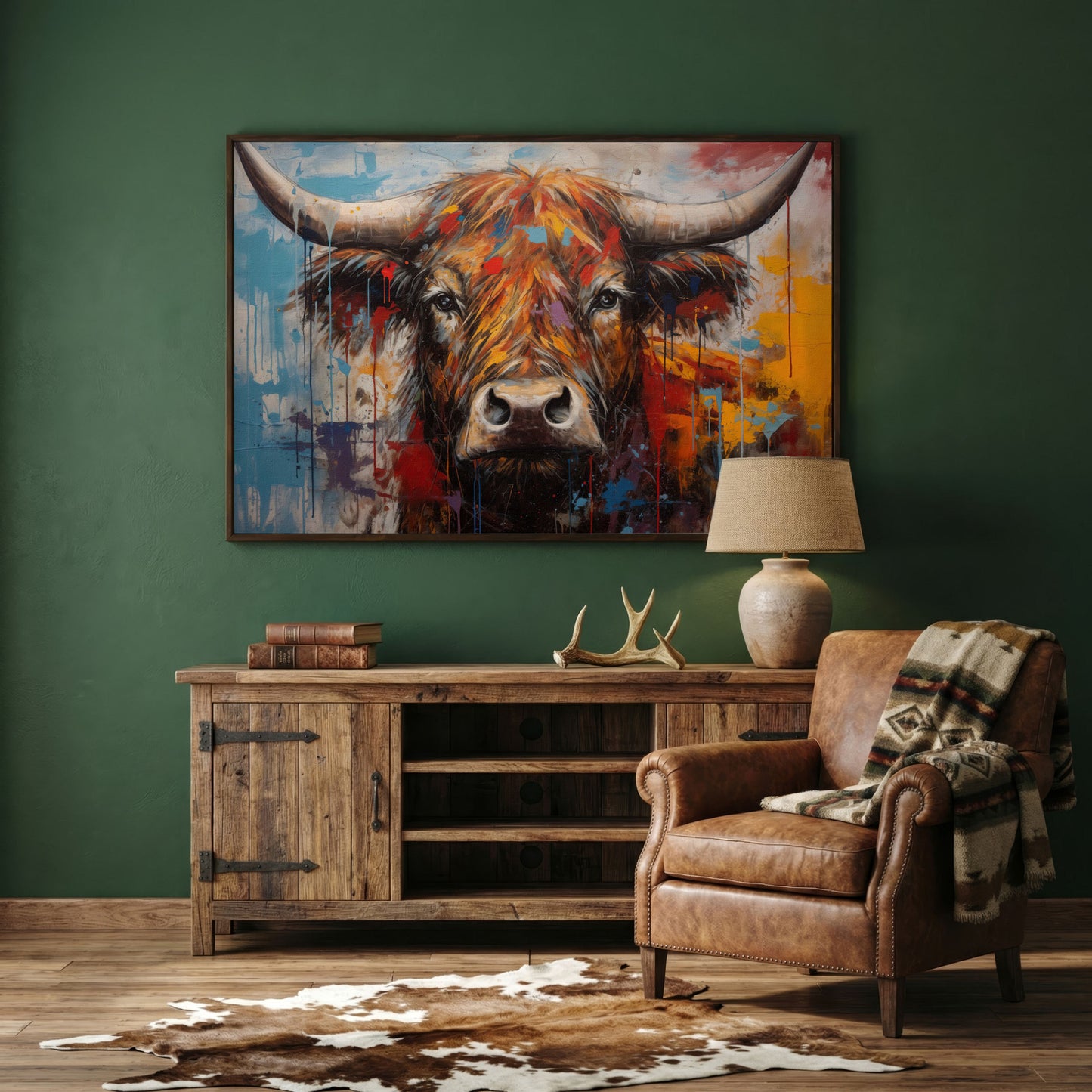 Abstract Colorful Cow Canvas Print in dark walnut floating frame