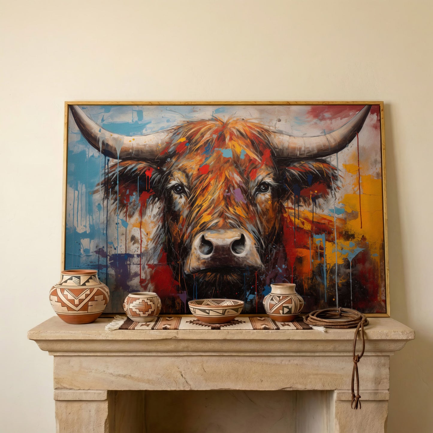 Abstract Colorful Cow Canvas Print in white oak floating frame