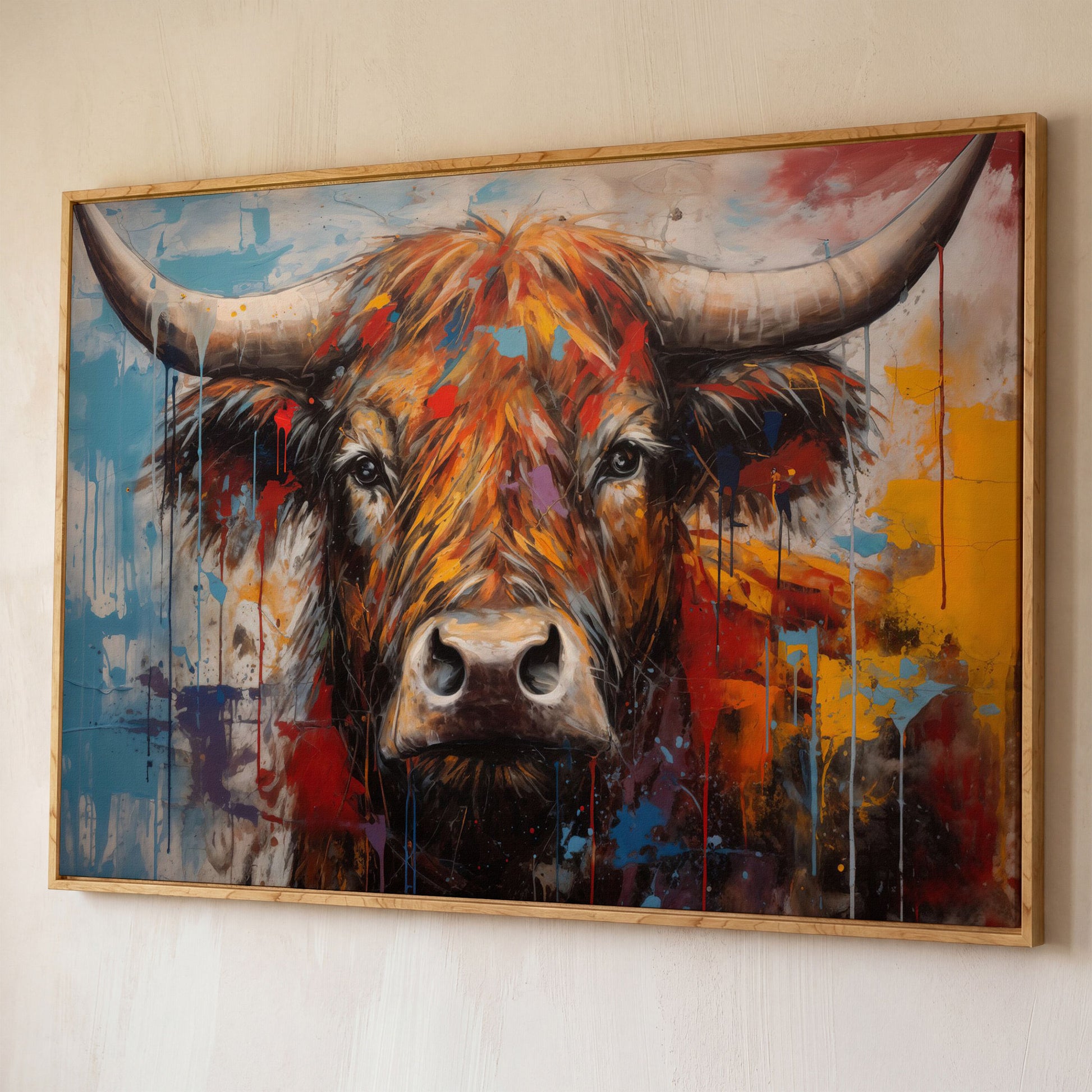 Abstract Colorful Cow Canvas Print shown in white oak floating frame